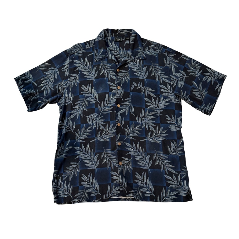 Mens Large 100% Silk‎ Short Sleeve Button Down Shirt Navy Blue Leaf Hawaiian
